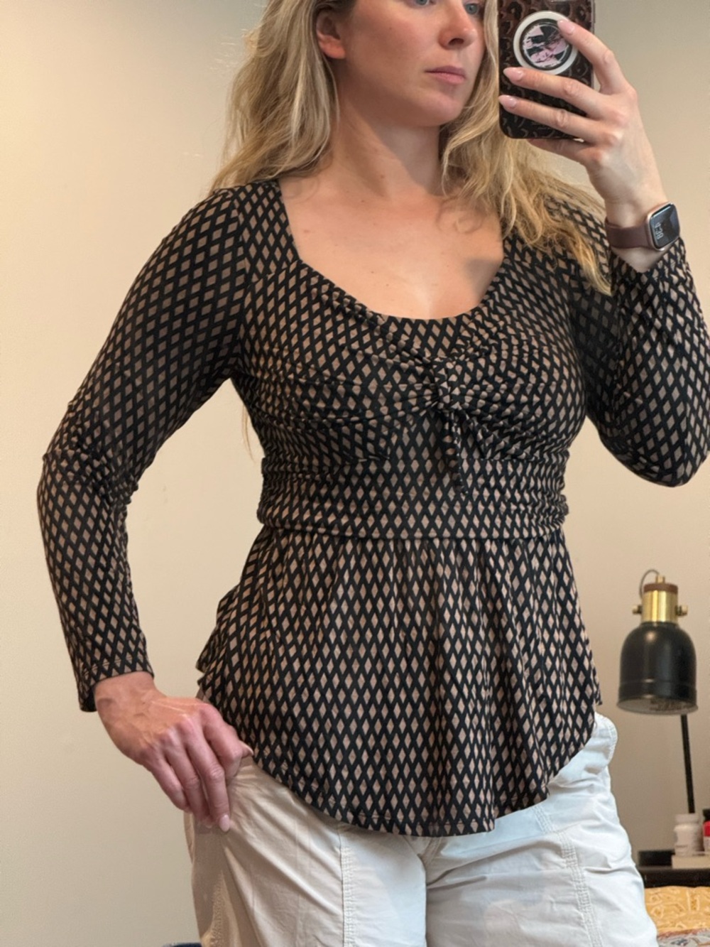 Anthropologie Long-Sleeve Black and Tan Patterned Women’s Top